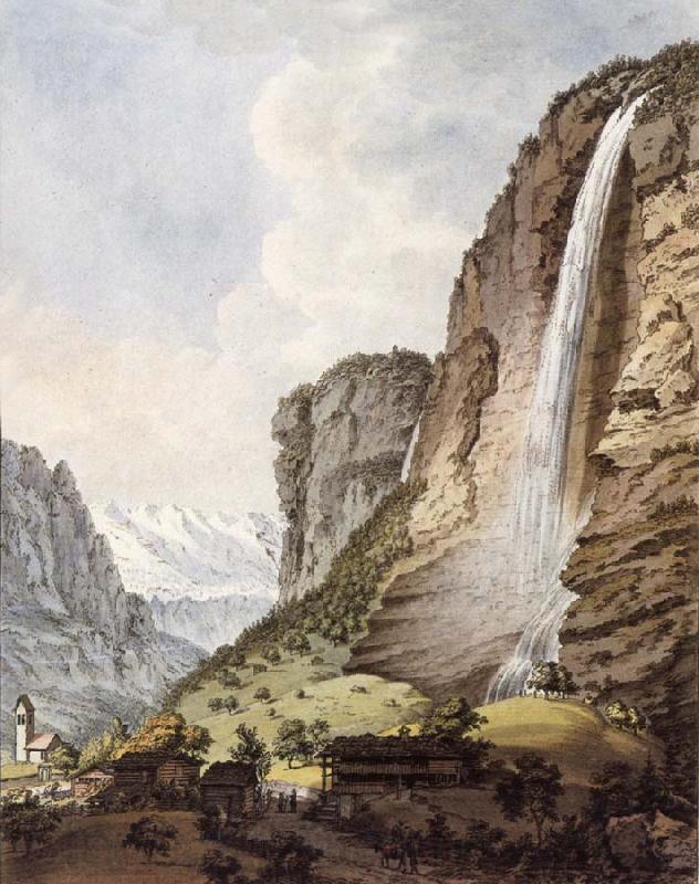 Johann Ludwig Aberli Fall d-eau apellee Staubbach in the Vallee Louterbrunen Norge oil painting art